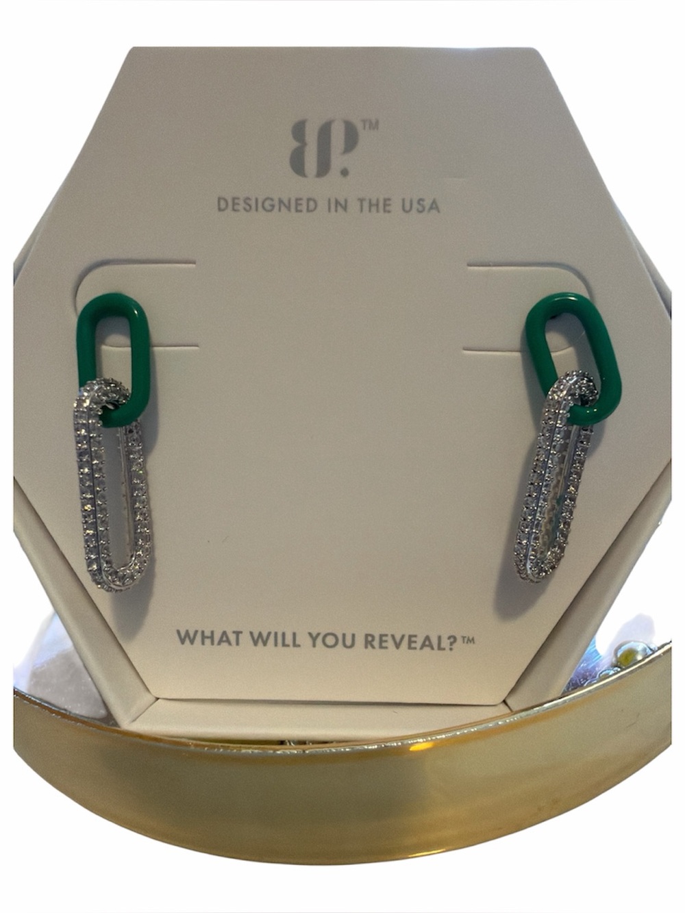 BP Green Enamel & CZ paper clip Link Earrings